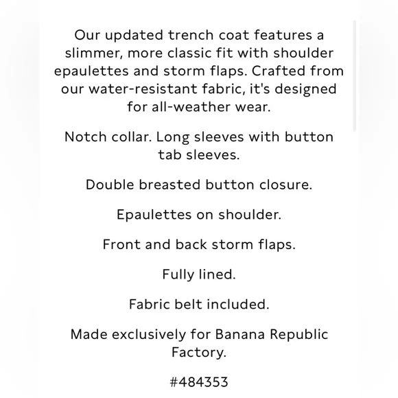 BANANA REPUBLIC TIMELESS TRENCH COAT - Picture 5 of 5